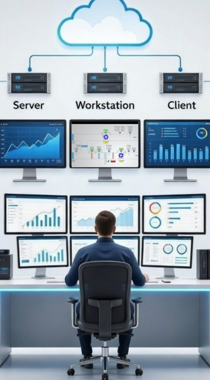 Cloud-connected server, workstation and client feeding a remote building automation control room
